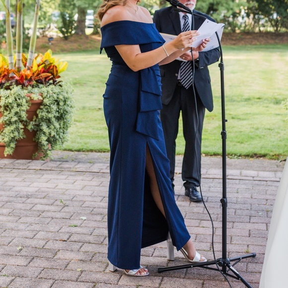 Xscape Off The Shoulder Gown with Slit, Navy Blue, Size 12 - Picture 3 of 5